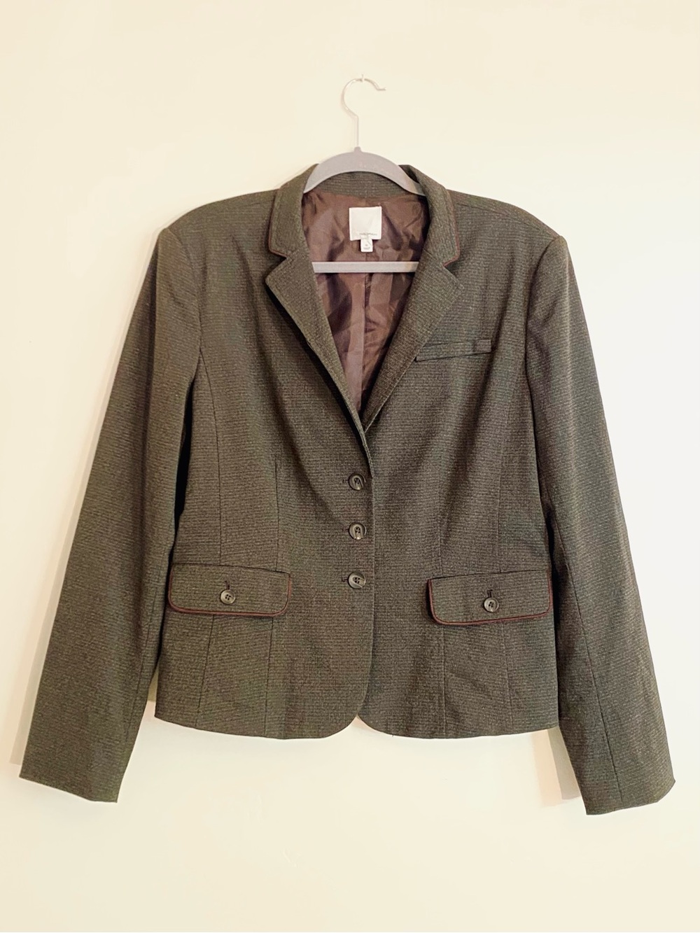 Tailored Brown Women's Blazer Jacket with Gathered Back Peplum & Faux Suede Trim